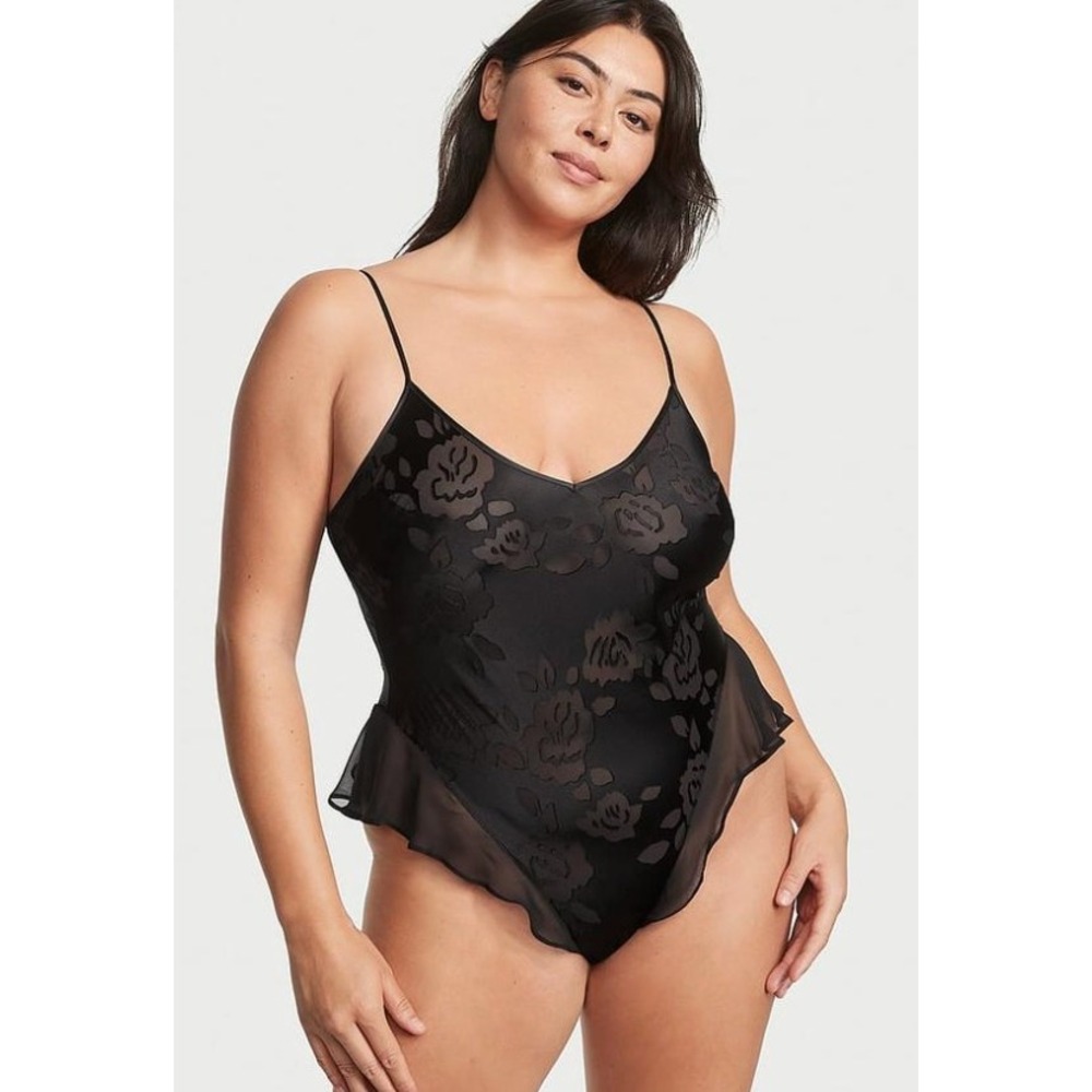 Victoria's Secret VS Archives Black Floral Burnout Ruffle Bodysuit Medium M